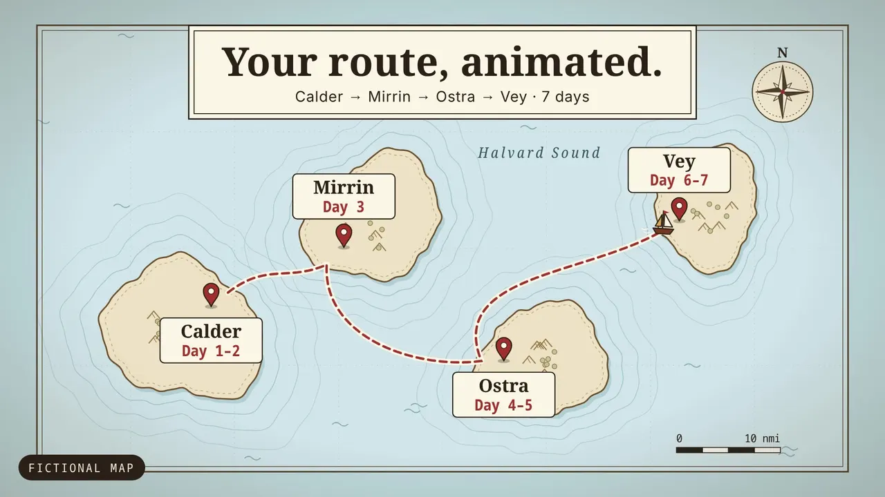Travel map animation sample: Route line across a hand-drawn map